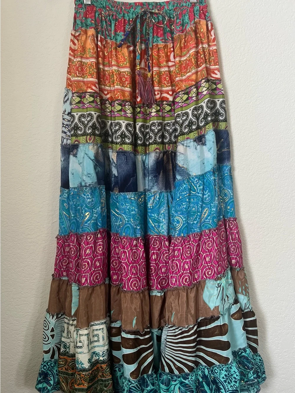 Boho Tiered Patchwork Maxi Skirt - Vibrant Multicolor